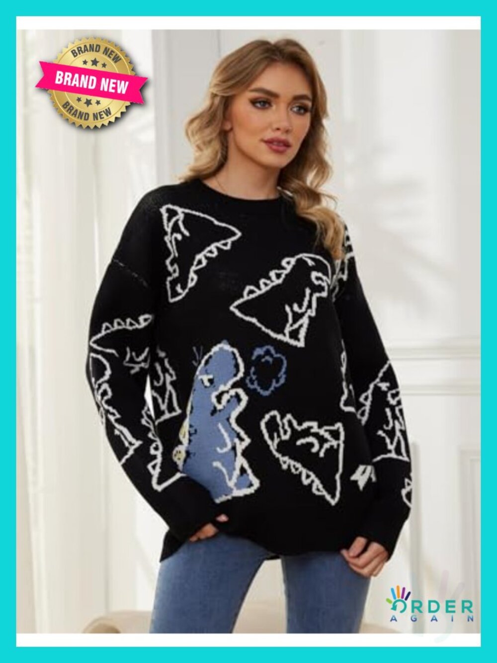 Dinosaur Graphic Knit Sweater Oversized Streetwear Pullover - Picture 2 of 6